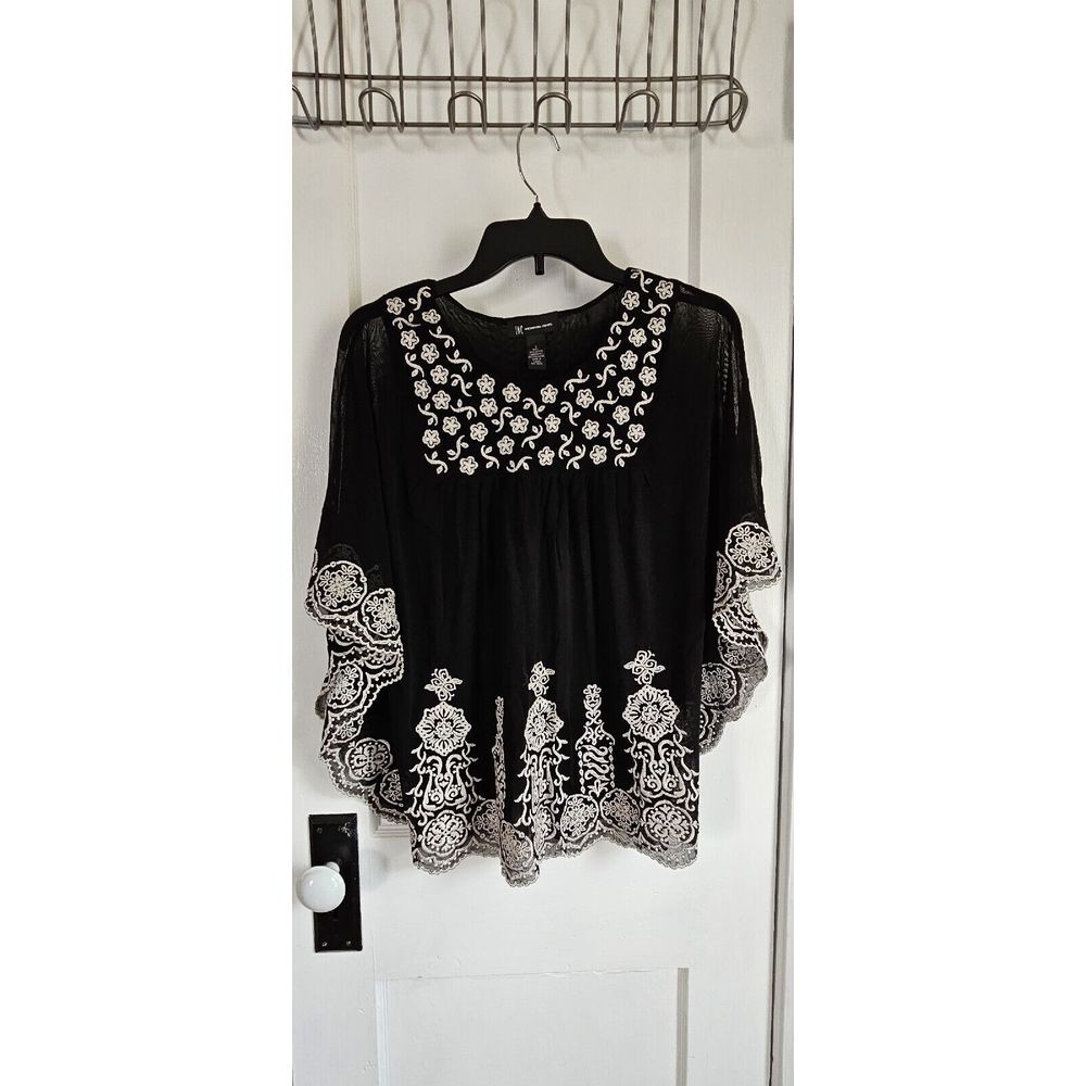 INC black sheer embroidered trim poncho‎ cover-up 100% Nylon women sz Small